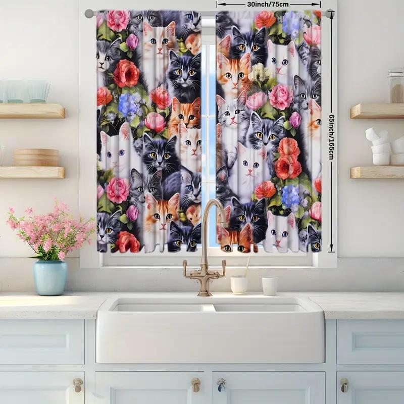 2 Pcs Cute cat print curtains  suitable for bedroom  living room kitchen decoration  home decoration  window decoration