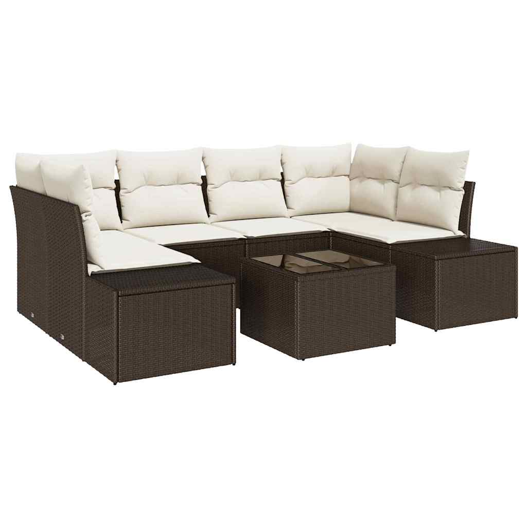 7 Piece Brown Poly Rattan Sofa Set with Cushions