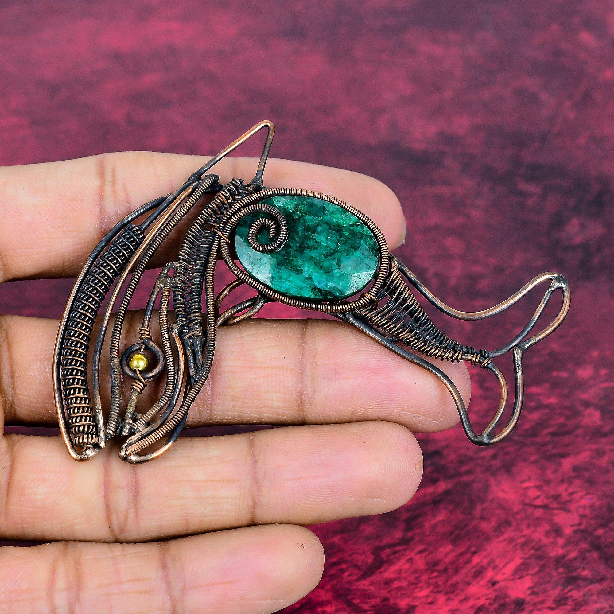 Faceted Zambian Emerald Gemstone Pendant Copper Wire Wrapped Jewelry Fish Pendant