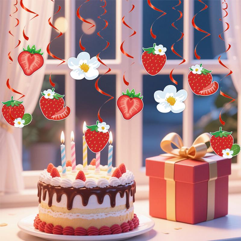 Holiday Birthday Party Cake Topper & Décor Set with Strawberry, Banner, Flowers, and Spiral Pendants