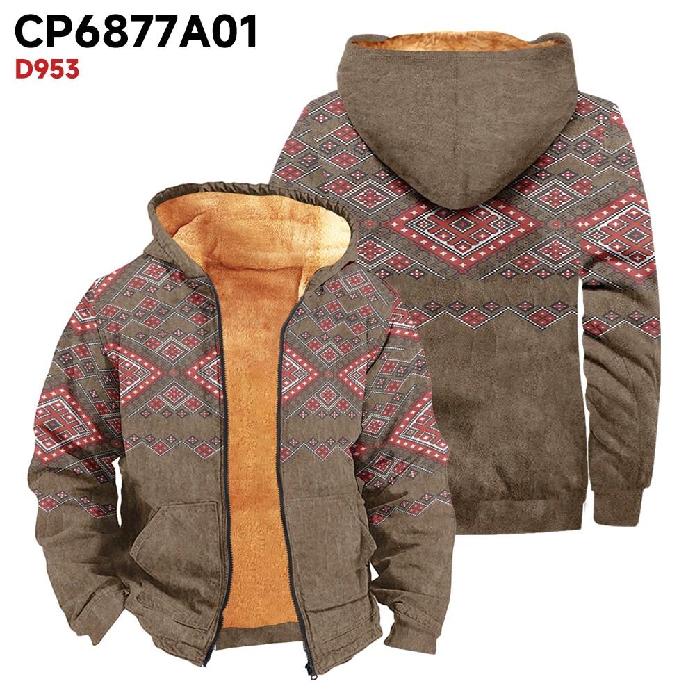 Men's Print Long Sleeve Pocket Coat Fashion Plus Velvet Overcoat