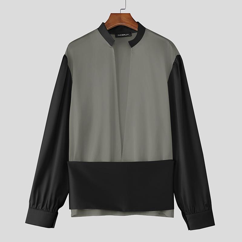 INCERUN Men Long Sleeve Patchwork Open Front Casual Party Shirts Tops S
