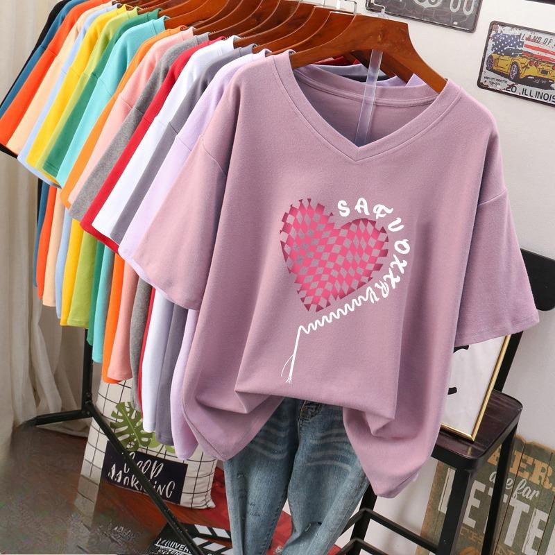 Camiseta de manga curta, Solta, Top V-neck Estampado Emagrecedor para Mulheres