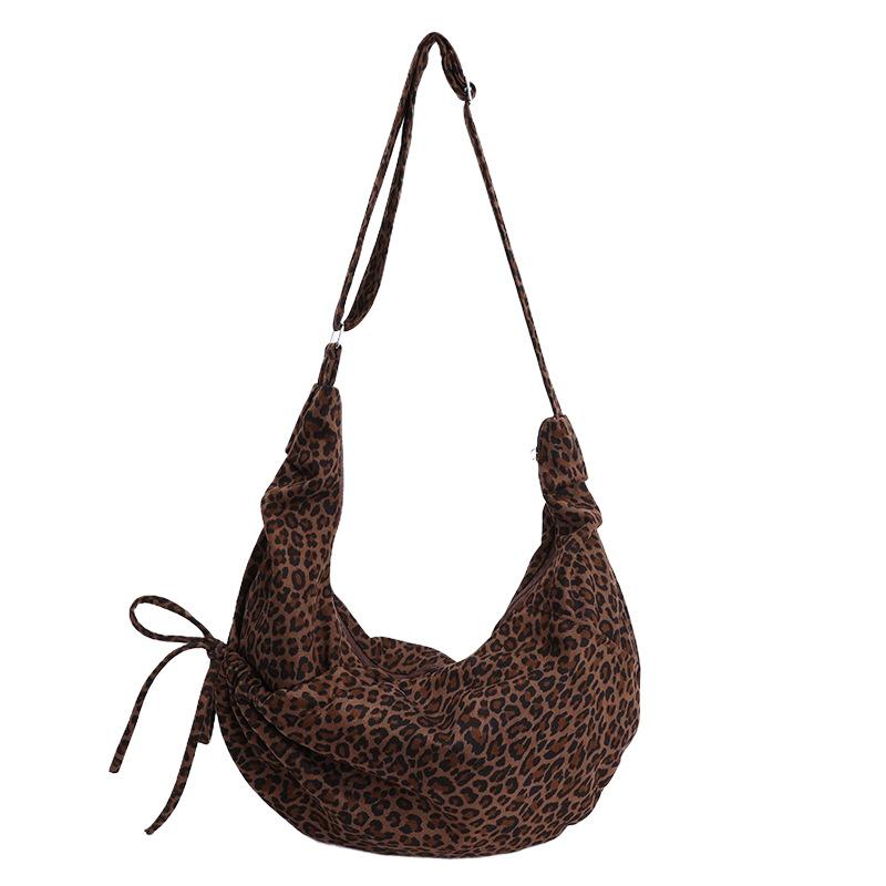 

Creative Leopard Print Shoulder Bag Women Fashion Crossbody Bag External Pocket Bow Decoration Vintage Commuter Dumpling Handbag L