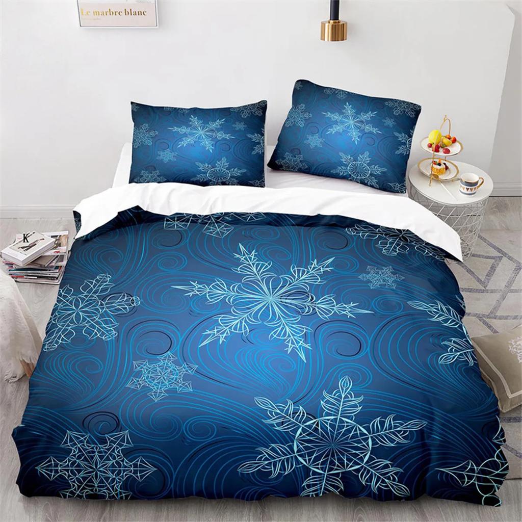 Snowflake Duvet Cover Winter Theme Geometric Pattern Microfiber Blue Floral Quilt Cover for Girl Children Christmas Decorations