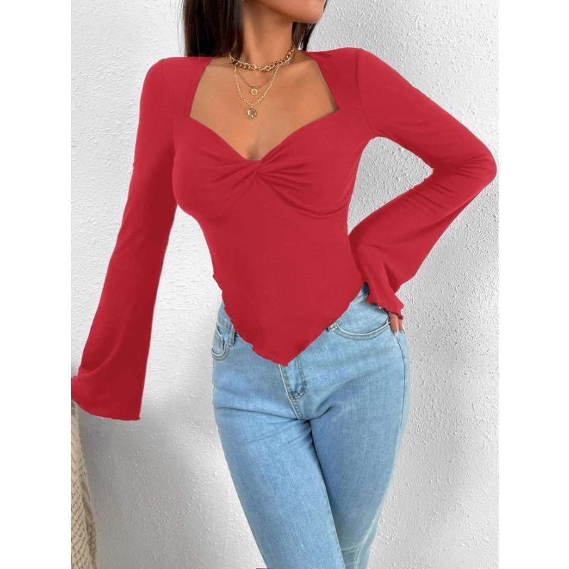 Damen T-Shirt Urlaub V-Ausschnitt Trompetenärmel Taille Unregelmäßig Gestrickt Langarm T-Shirt Top