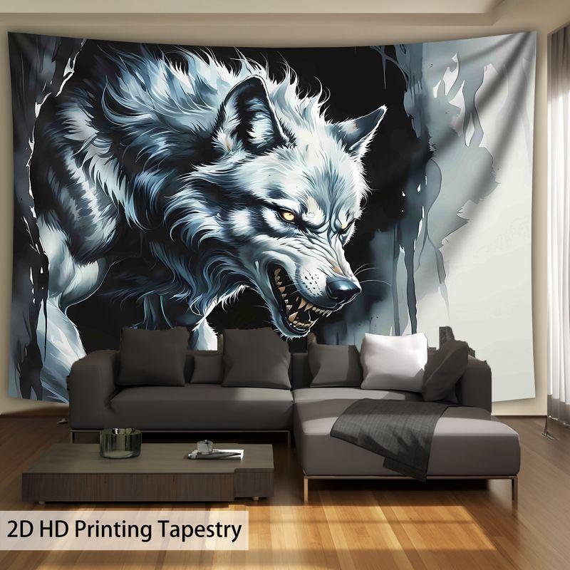 Tearing Bad Wolves and Beasts Black White Tapestry, Fierce Wall Art for Bedroom Living Room Dorm