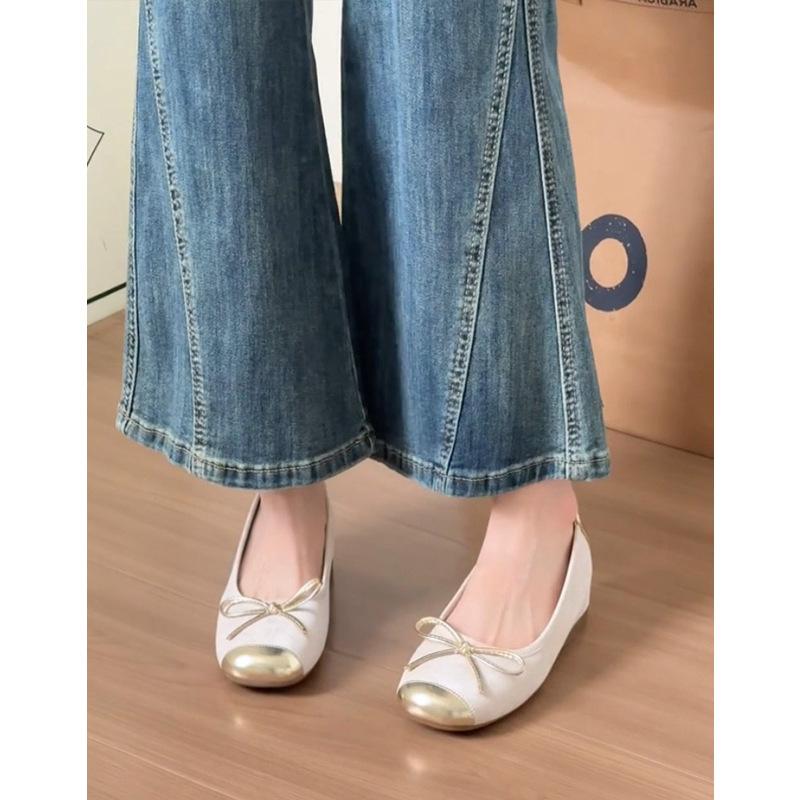 Sheepskin Version~ Genuine Leather French Flat Bottom Inner Height Increase Ballet Single Shoes Women's Bow Gentle Evening Shoes Mary Jane Shoes