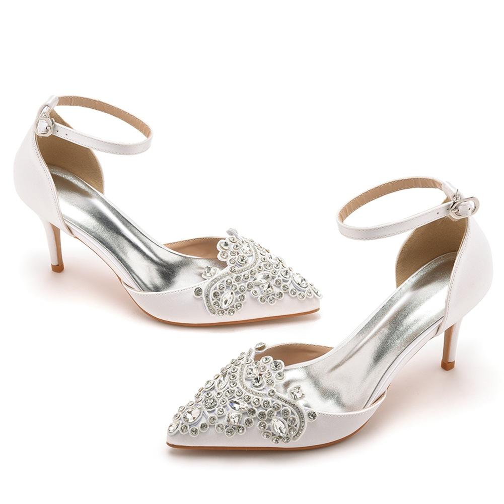 7cm Thin Heeled Large Size Sandals Banquet Women's Shoes Rhinestone Pointed Toe High Heeled Sandals Satin Dress Long Skirt Shoes