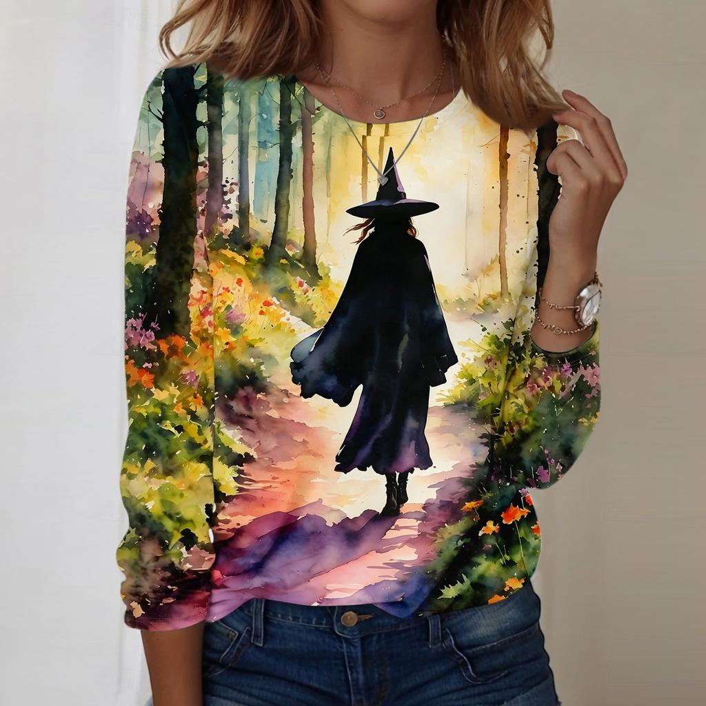 Women's Halloween Print Oversized Long Sleeve Round Neck Top