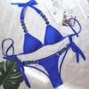 Conjunto de 2 Peças Biquíni Cortado Strass Corrente de Metal Sexy Ajustável Cor Sólida Roupa de Banho para Natação