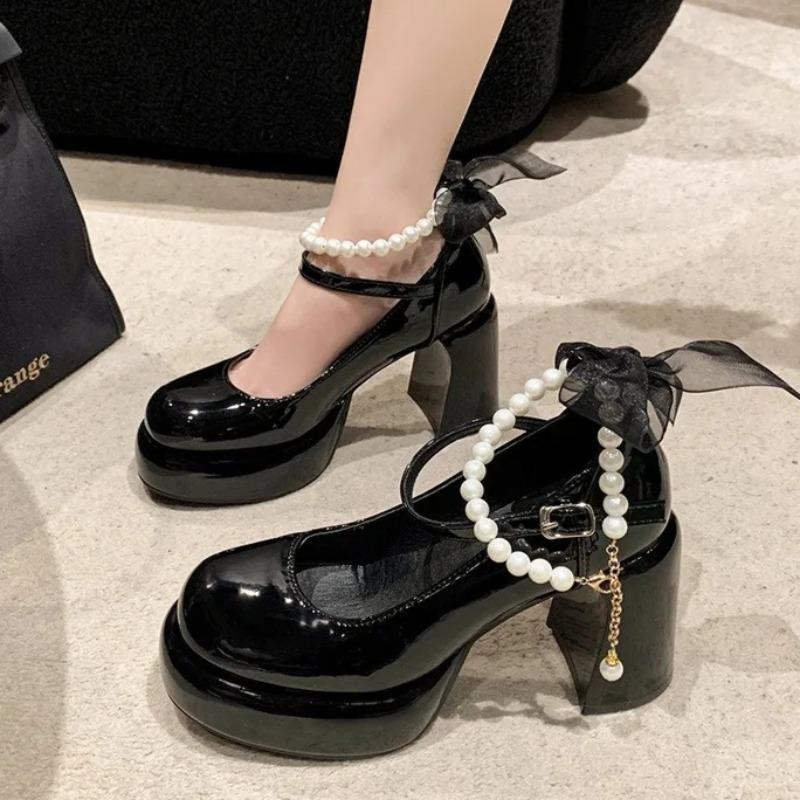 Bow Bead Mary Jane Shoes Pearl Chain Luxury Shoes for Women Coarse Order Platform Shoes Lolita White High Heels Zapatos De Mujer