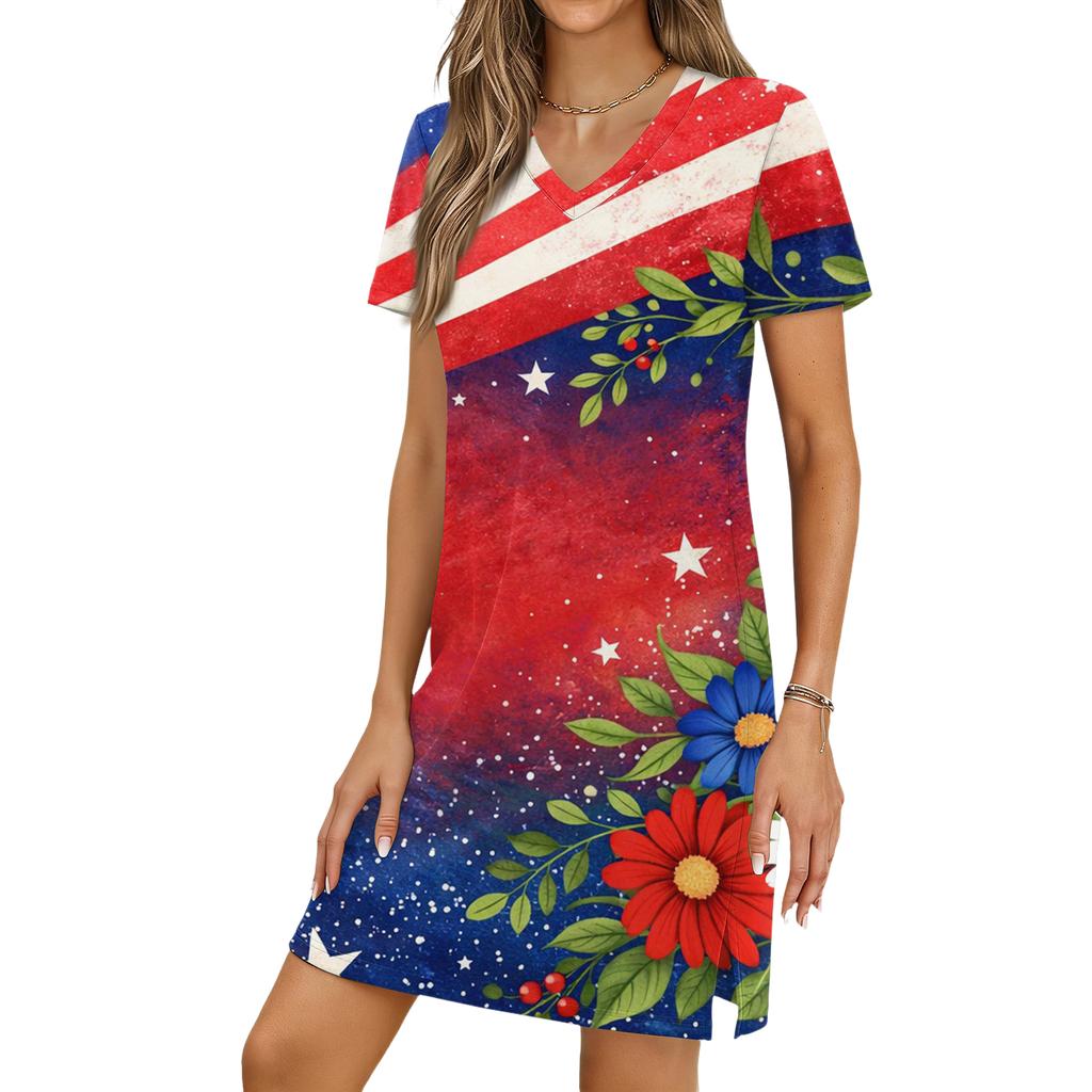 Women's Casual V-neck Short Sleeve Split Hem Independence Day Printed Dress