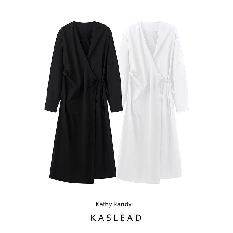 Kaslead New Women clothes Western Style Fashion Long sleeve V-neck Wrap Shirt Dress