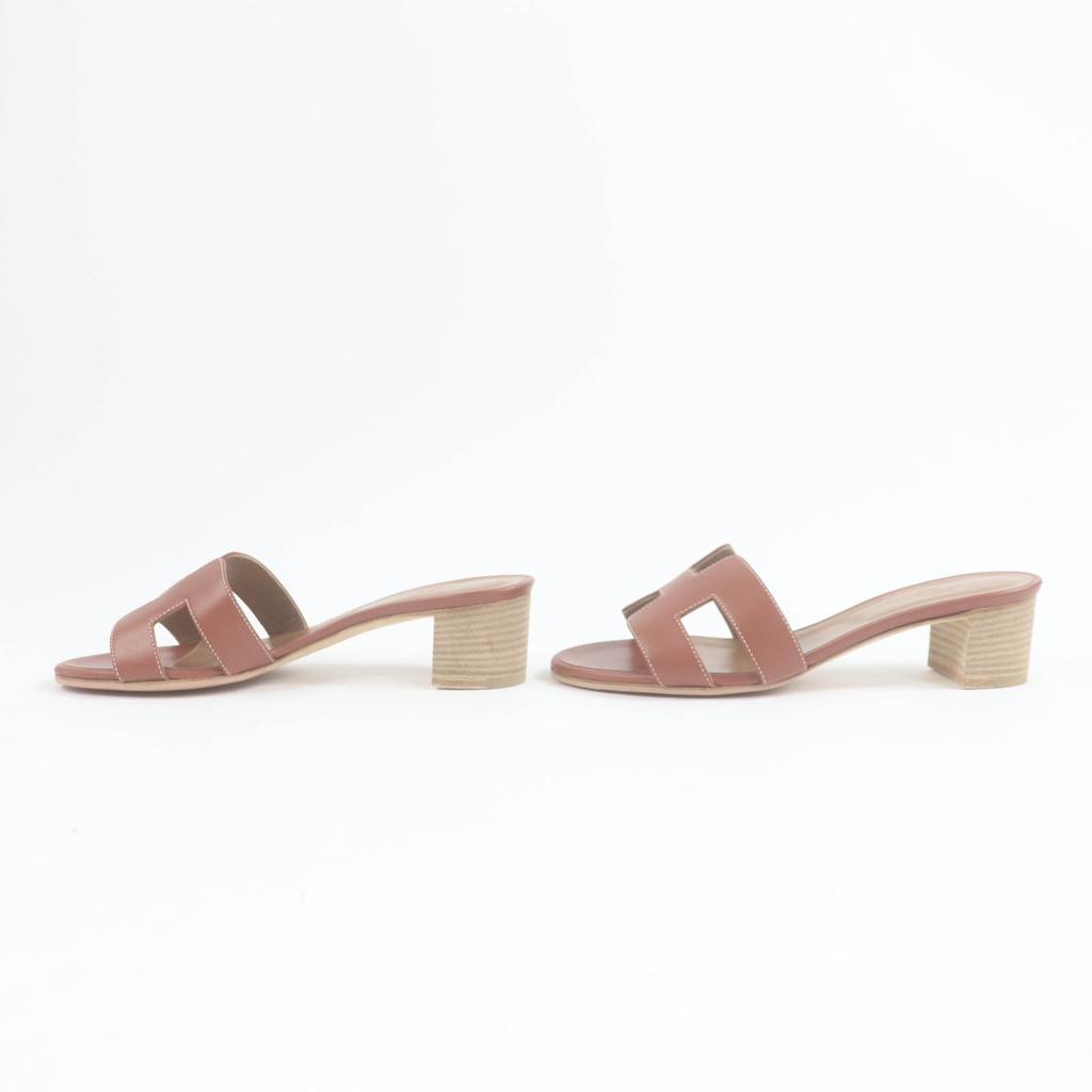 Pristine HERMES Mule Oasis H logo sandals Brown leather Women 36.5 071002Z Used