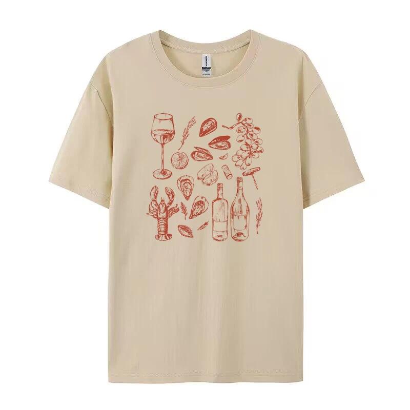 Women Retro Style Italian Seafood Print TShirt Vintage Aesthetic Oyster Lobster T Shirt Cute Foodie Shirt Loose Vacation Tops