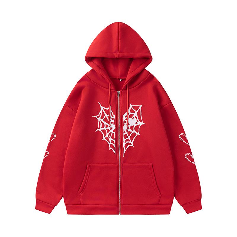 Cross-border Spider Web Heart Print Fleece-Lined Hooded Cardigan