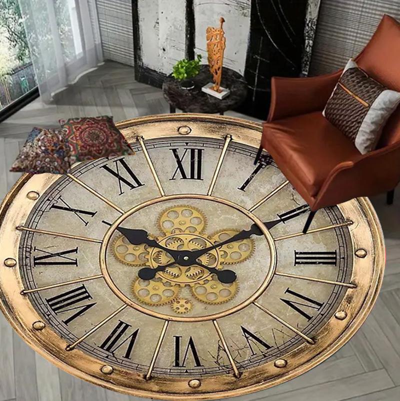 Elegant Vintage Clock Round Area Rug Roman Numeral Gear Print Durable Non-slip Decorative Carpet for Living Room Bedroom