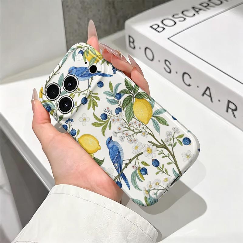 Botanical Blue Bird Lemon Blueberry Floral Art Film Aesthetic Protective Shockproof Bumper Phone Case Cover For iPhone 14 15 16 17 Pro Max Plus