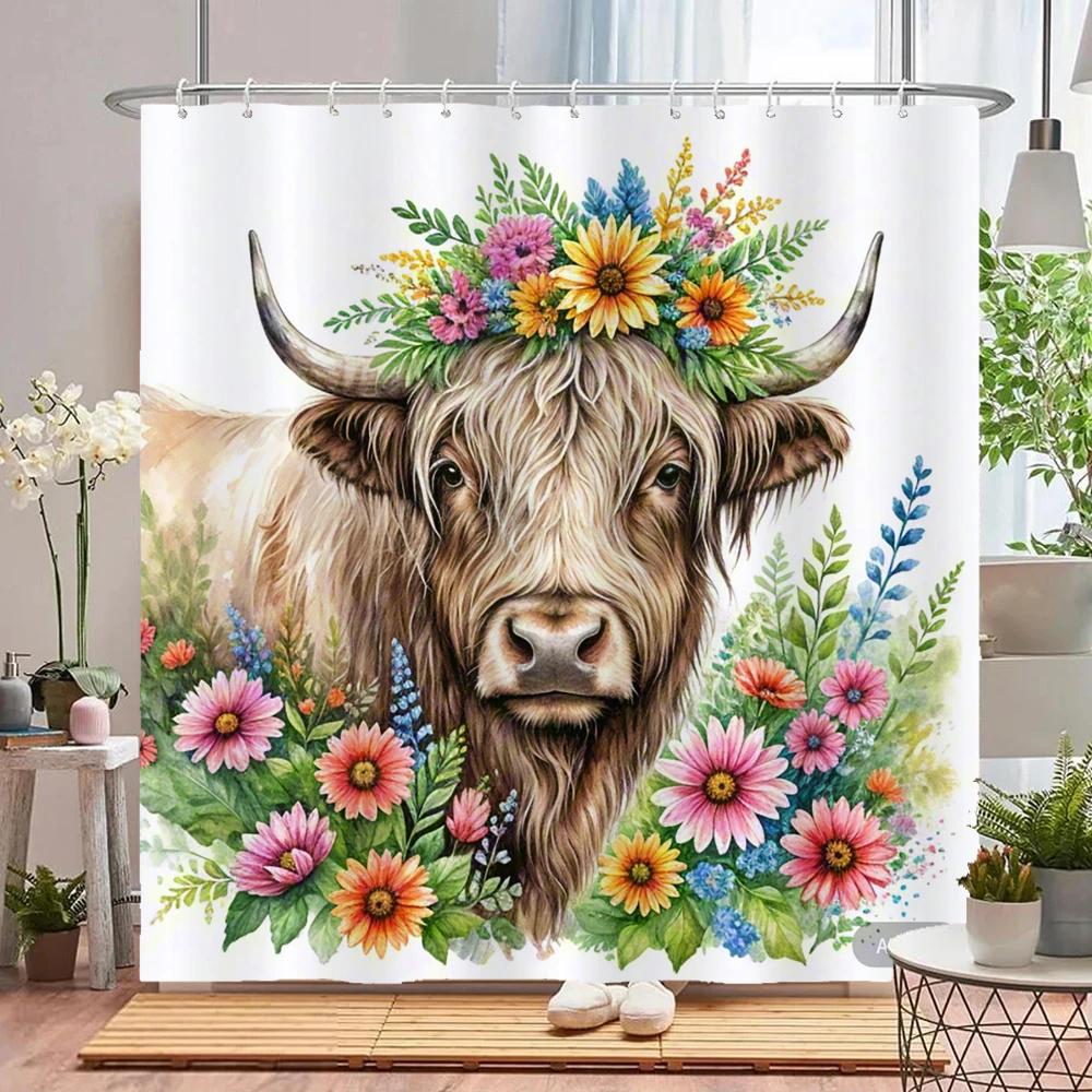 Watercolor Plants And Highland Cow Animal Shower Curtain Print Polyester Waterproof Bathroom Curtains With Hook Decorate Curtain