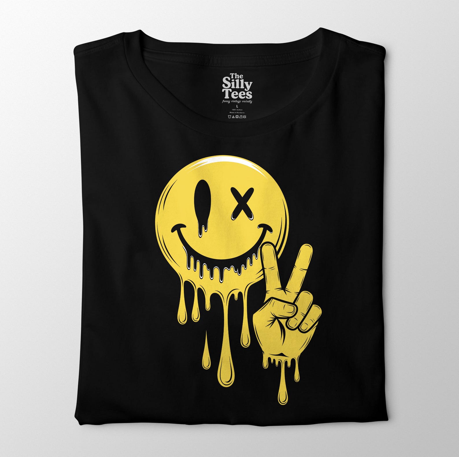 Melting Smiley Face T-Shirt: Drippy Peace Sign, Grunge Rave Graphic Tee 2XL