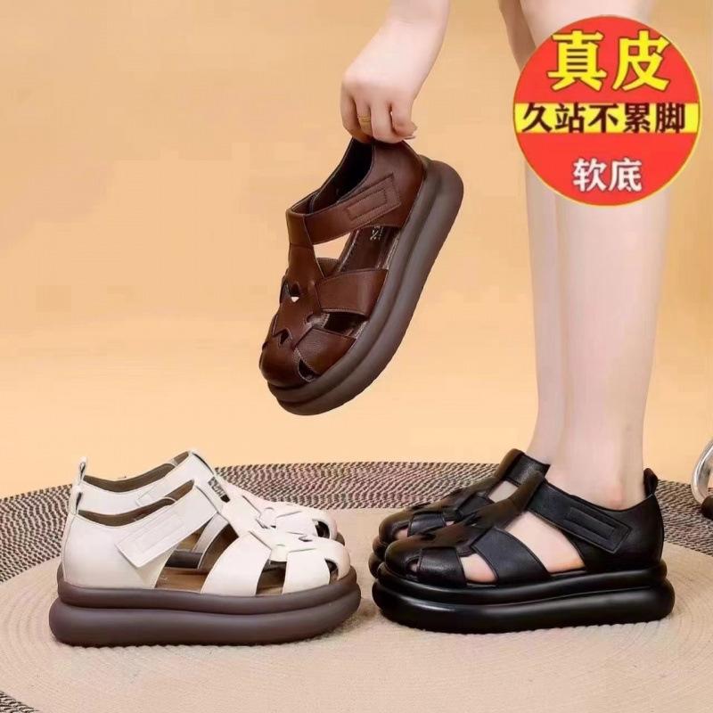 Real soft leather bag head Roman sandals women's 2025 new muffin bottom pig cage shoes thick sole heightened lightweight women's cool