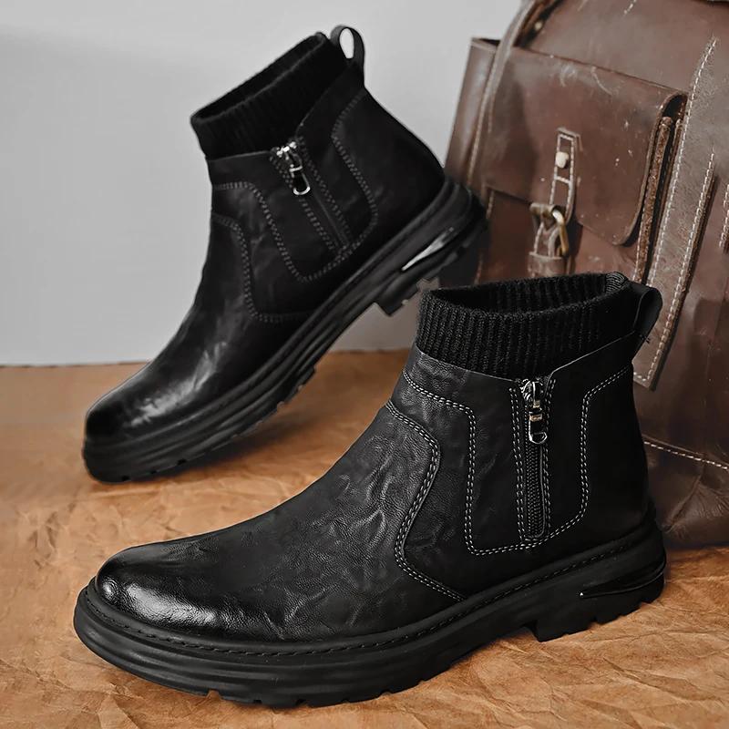 New Men Fashion Ankle Boot Casual Leather Lightweight Side Zipper Outdoor Boot Men Classic Breathable Work Shoes Winter Non Slip