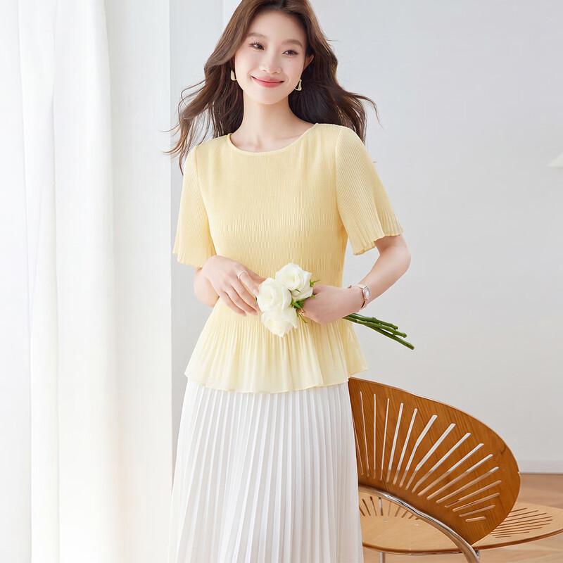 Women s Pleated Round Neck Short Sleeve Shirt M