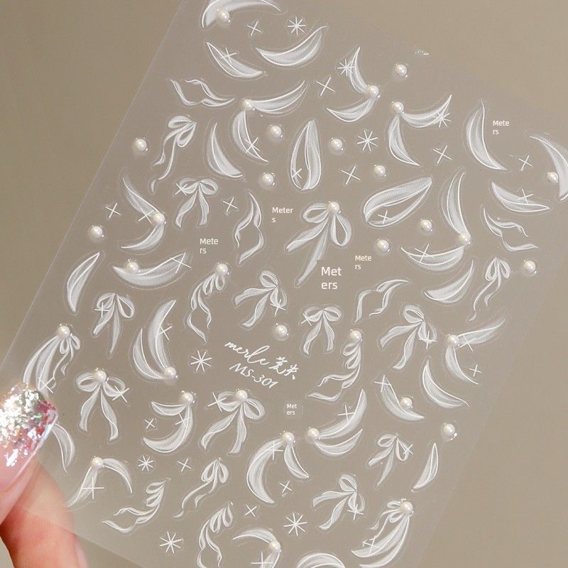 

2024 Internet Celebrity Bright Crystal Pearl Nail Beauty Sticker Adhesive White Wedding Nail Lace Ribbon Bowknot Three-Dimensional Nail Sticker MS301 (Lace streamer) Pearl