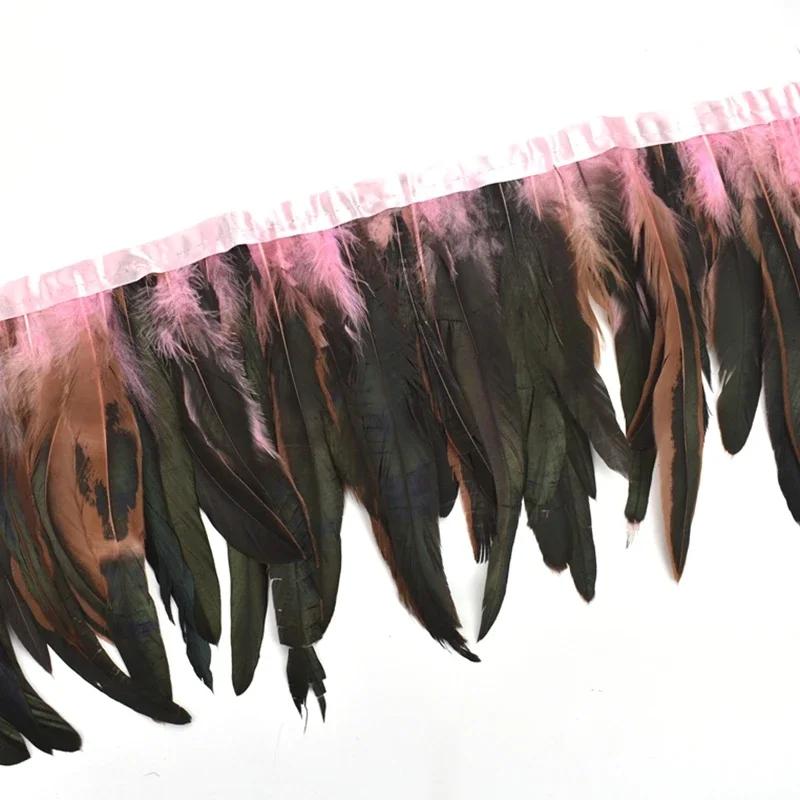 2Meters Rooster Feathers on Tape Trim Tassel Fringe Ribbon White Black Cock Pheasant Chicken Feather Costume Clothing Decoration