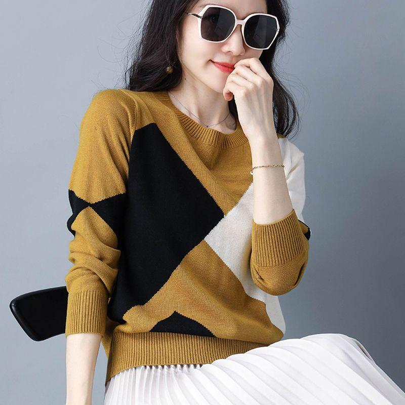 Suéteres de Tricô Femininos da Moda Primavera e Outono com Combinação de Cores para Mães de Meia-Idade Tricot de Base Feminino