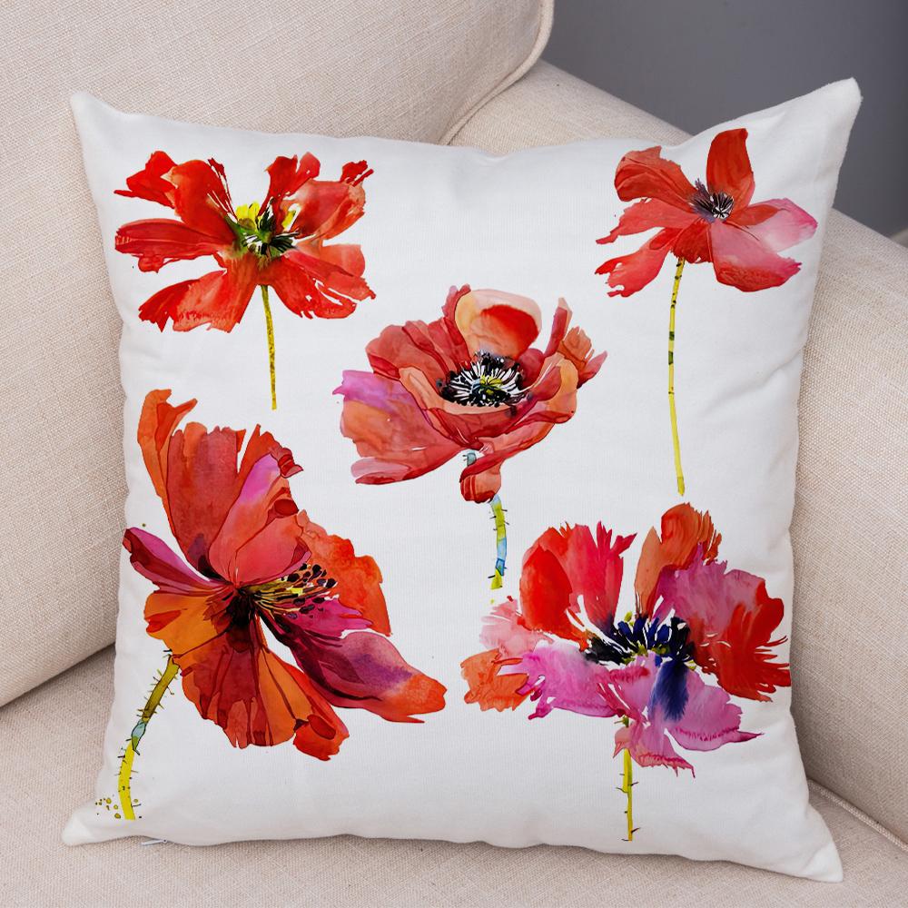Watercolor Floral Cushion Cover Abstract Poppy Flower Art Print Soft Fabric Living Room Sofa Home Decor Pillow Case