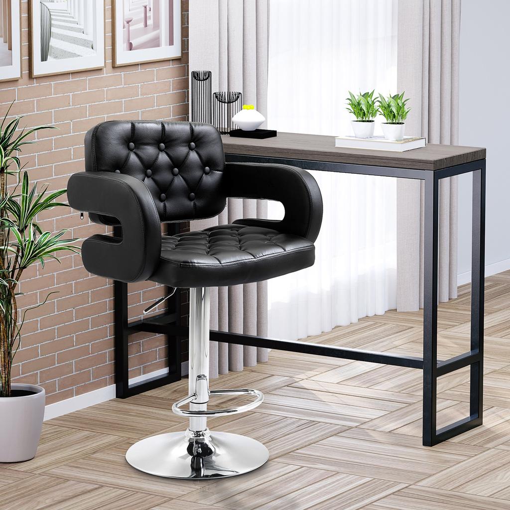 Barpall med mellanrygg och urholkad design, höjdjusterbar, med yta av PU-läder, U-format armstöd, stålstång för bistro, lounge, kök, svart