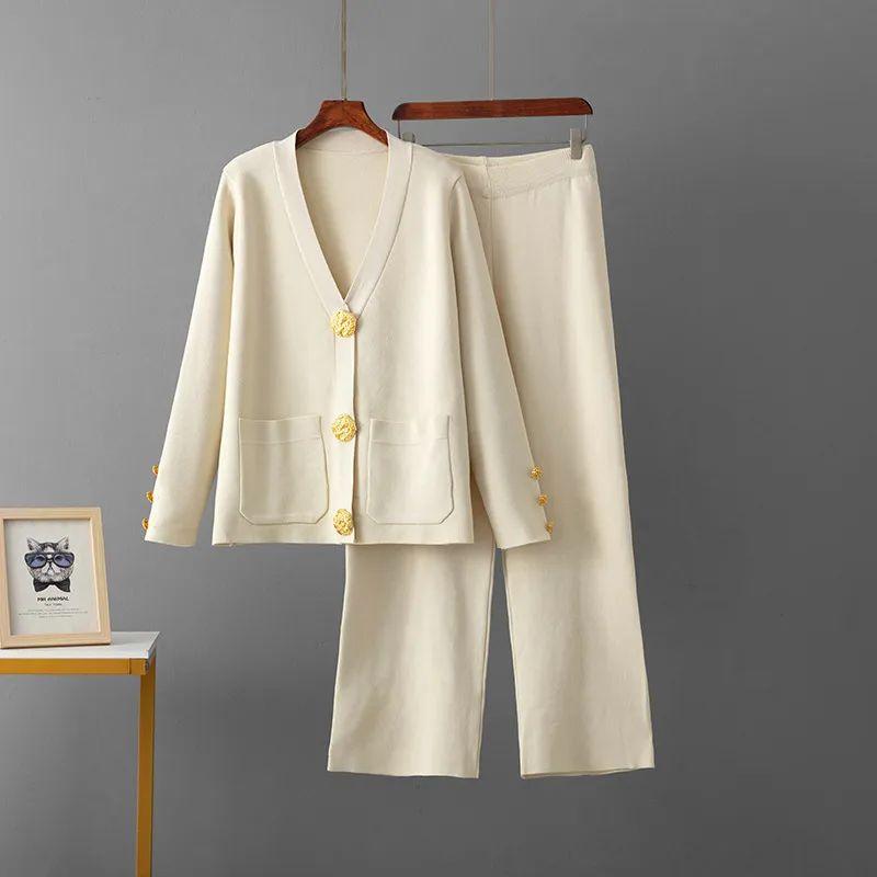 Cross-Border European Goods Casual Fashion Two-piece Set Women Autumn and Winter Versatile Metal Buckle Knit cardigan Sweater Wide Leg Pants Set