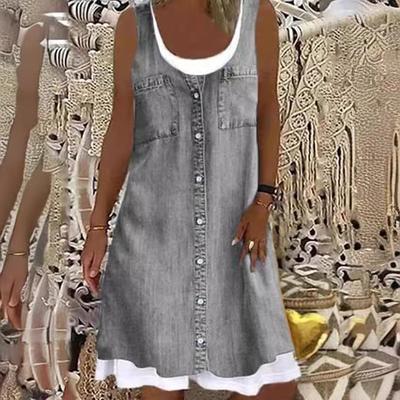 Women's Digital Printing Fake Two-piece Imitation Denim Long-sleeve Dress