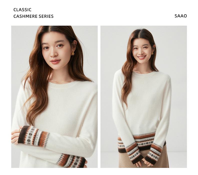 Women's Color Block Fair Isle Cashmere Sweater: Autumn/Winter 2026 Round Neck Versatile Pullover