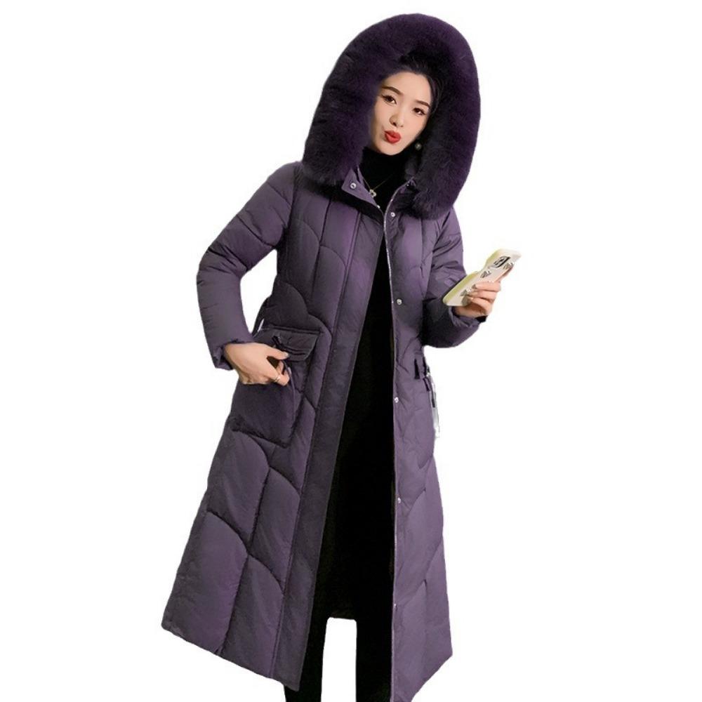 Women's long over-knee solid-color cotton-padded clothes, new autumn and winter Korean version waist fashion big fur collar down cotton clothes