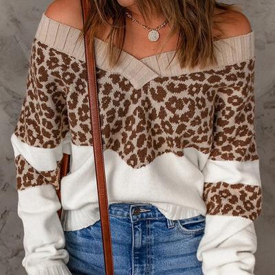 Fashion Leopard Print Pullover Autumn Sexy Off Shoulder Sweaters Loose Winter Clothes Warm Knit Bottoming Tops  29446