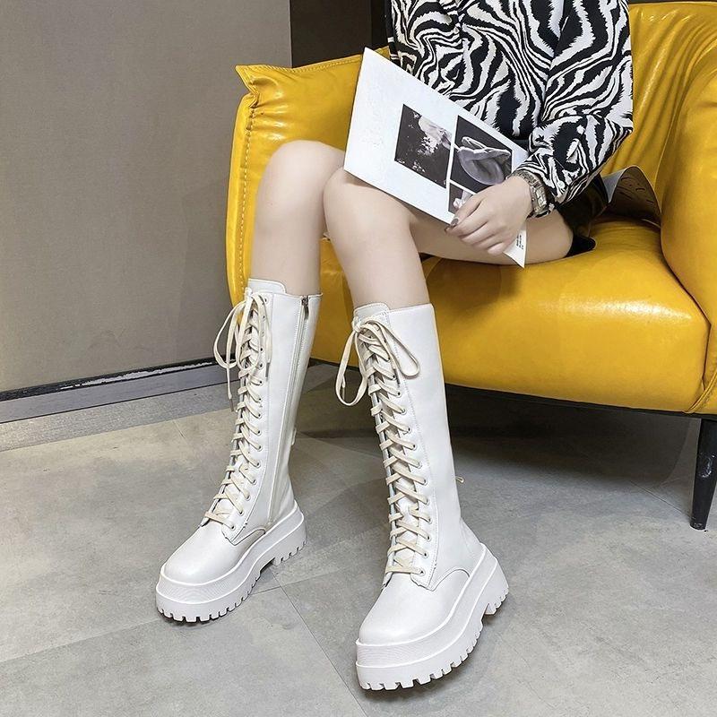 Fashion Platform Round Toe Lace-up Half High Boots for Women Autumn Winter Leather Fleece-Lined Mid Calf Shoes Woman Gothic Hot Footwear