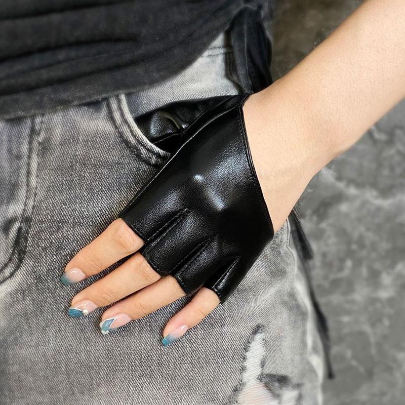 Black Pu Leather Half Finger Gloves Gothic Punk Rock Lolita Harajuku Stage Performance Cosplay Party Fingerless Women Gloves