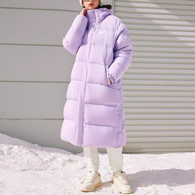 Fila Fusion Solid Color Zipper Hooded Long Down Coat Unisex Outerwear Fantasy-Purple T11U343905F-VT