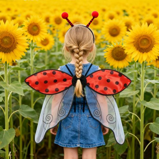 Bee Ladybug Wing Set with Headband Organza Costume Accessories for Kids Adults Dress-Up Party Decor for Performances Holiday Events