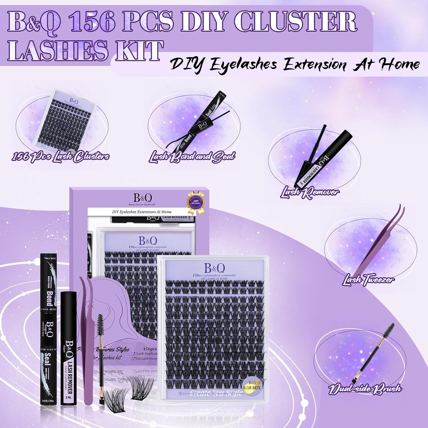 B&Qaugen Lash Extension Kit B05 Eyelash Extension Kit B&Q DIY Lash Extension Kit 156 PCS Lash Clusters 8-18mm Cluster Eyelash Extensions Kit with