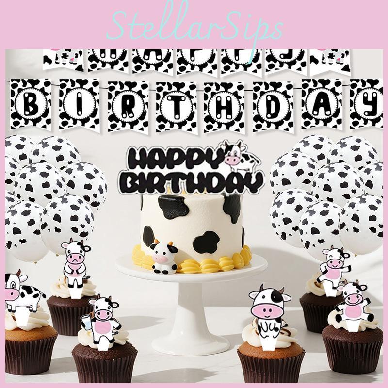 Cow Birthday Party Decor Set With Farm Animal Theme Paper Flags Balloons And Banners