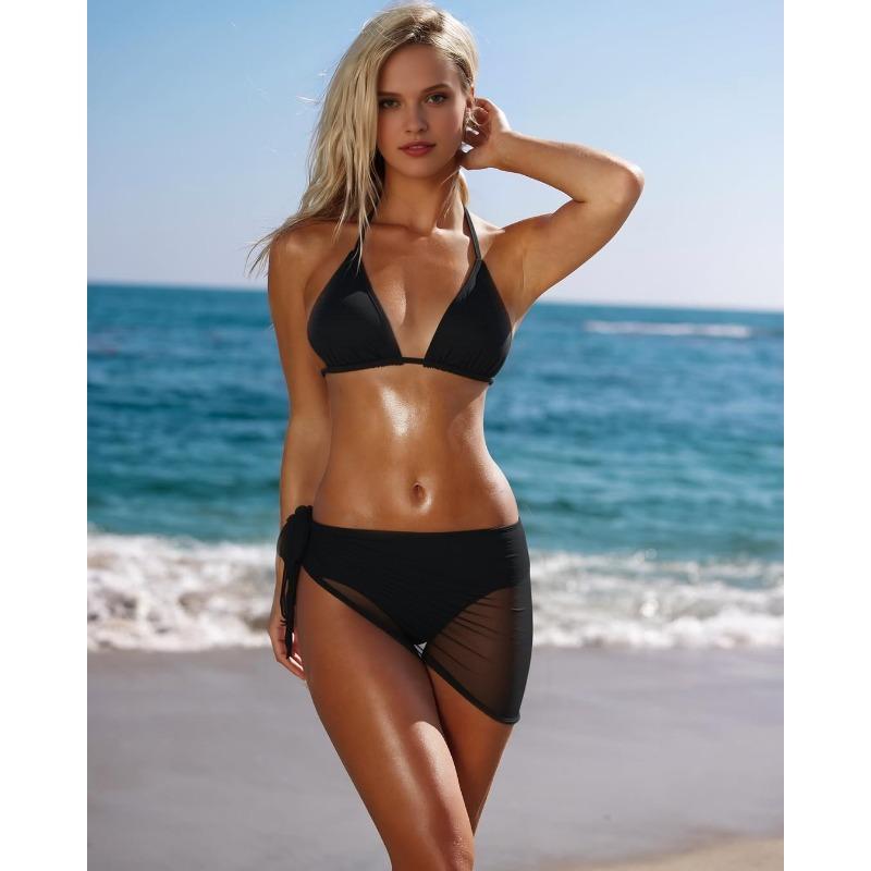 

New sexy split bikini thin strap neck mesh three-piece swimsuit beach hot spring XL чорний