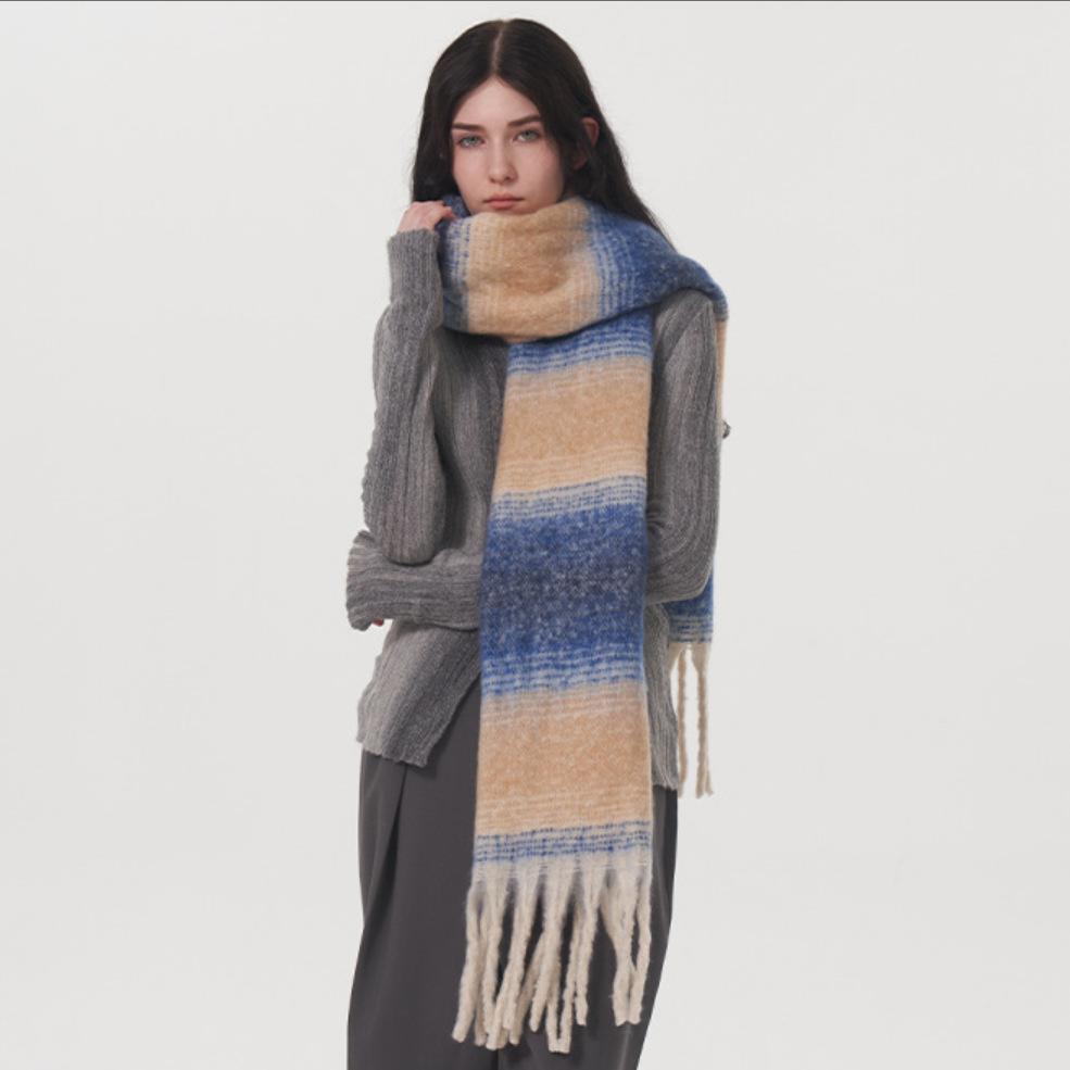 Imitation cashmere plaid women's winter enlarged and widened 50cm color matching warm and comfortable striped plaid fringed scarf shawl