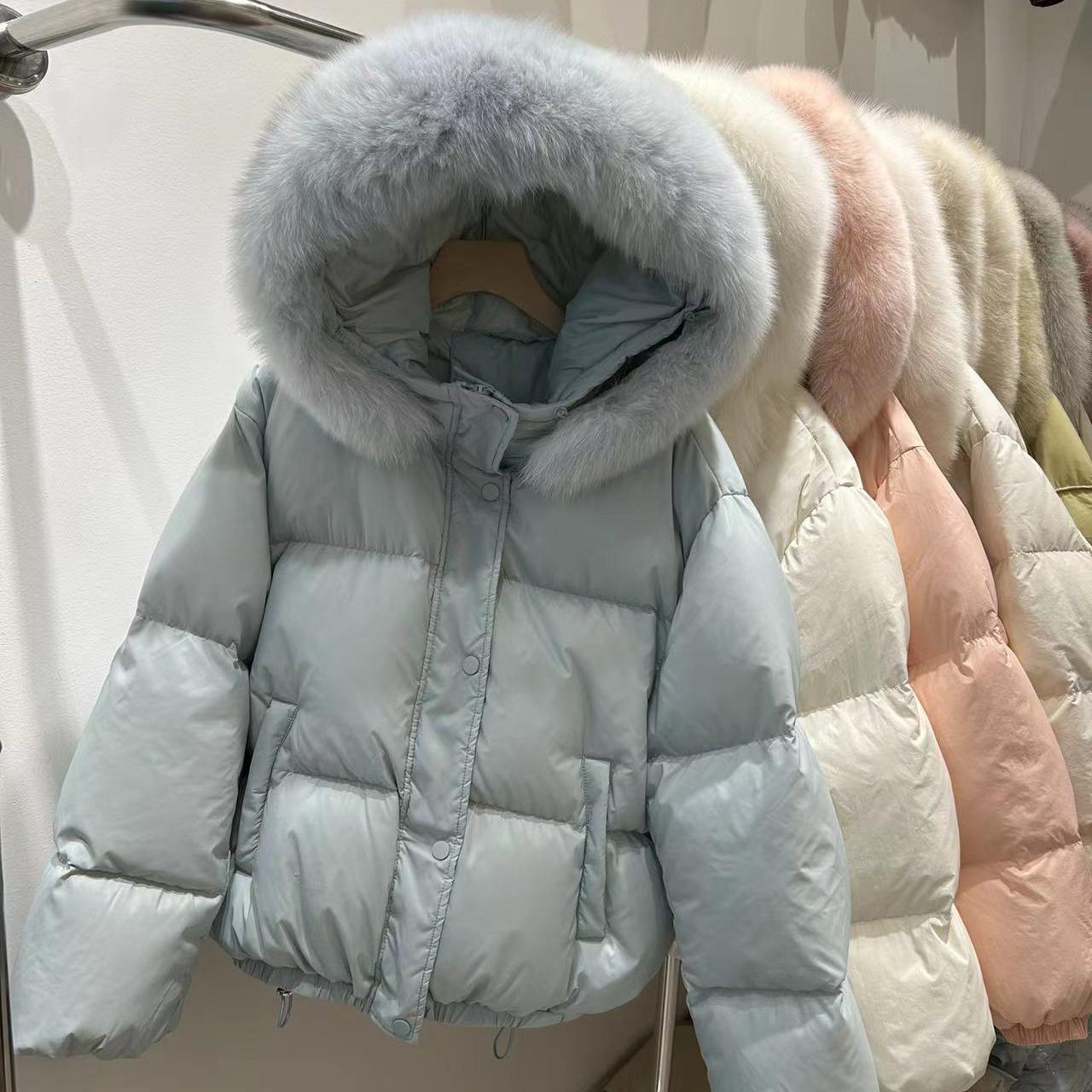 

Меховой воротник с капюшоном, шубы, пуховики, модные белые утиные пуховики, женские зимние женские свободные пальто One Size синий