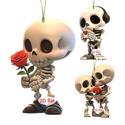 Skull Car Ornament 2D Acrylic Skull Couple Car Rearview Mirror Accessories Skeleton Charm for Vehicle Car Interior Home Decor