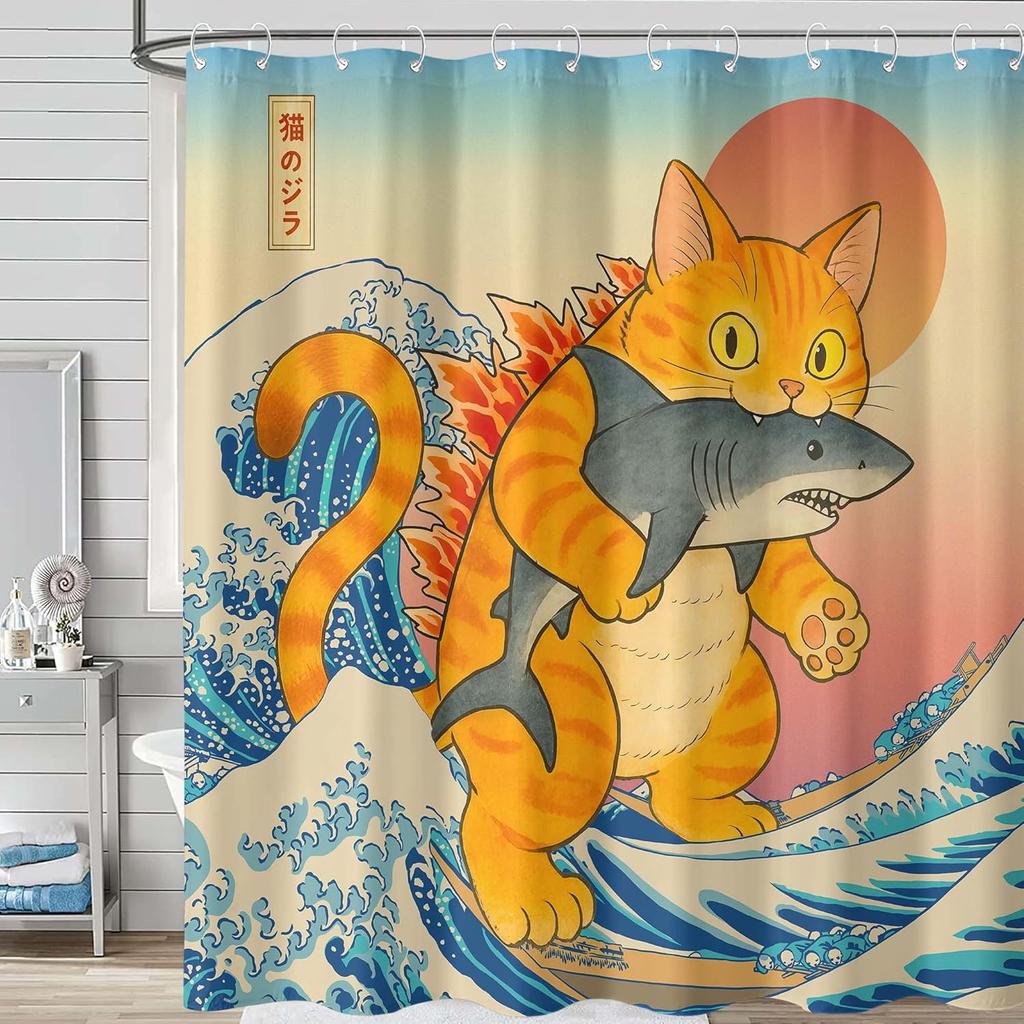 Funny Japanese Cat Shower Curtain Cute Fun Cool Cat Monster Shark Shower Curtains For Bathroom Vintage Ocean Waves Anime Kids