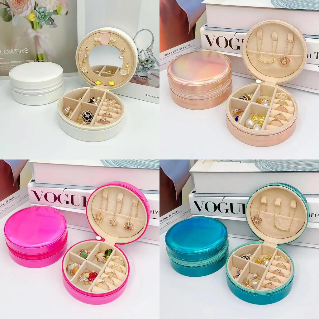 Jewelry Storage Box Round Portable Pu Leather With Laser Pattern For Gift And Organization